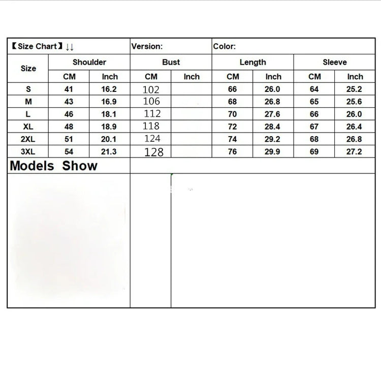 Clothing size chart showing shoulder, bust, length, and sleeve measurements in cm and inches.