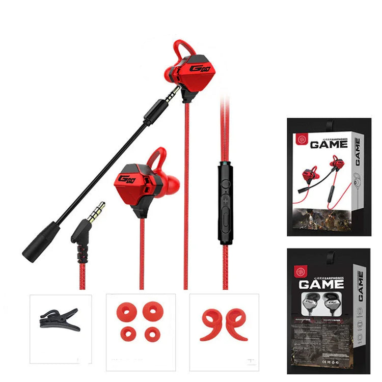 Red and black in-ear gaming earphones with mic, extra ear tips, and packaging shown