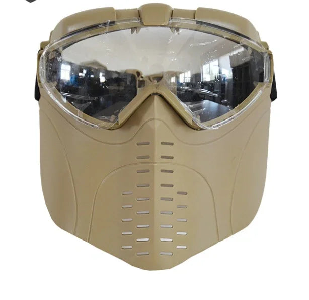 Tan full-face protective mask with clear goggles, vented design, hard plastic material