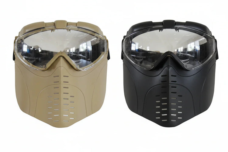 Two full-face protective masks in tan and black, featuring clear visors and vented hard plastic design.