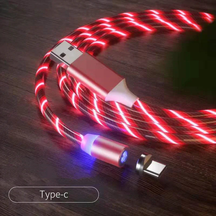 Red LED-illuminated USB Type-C charging cable with braided design on wood surface