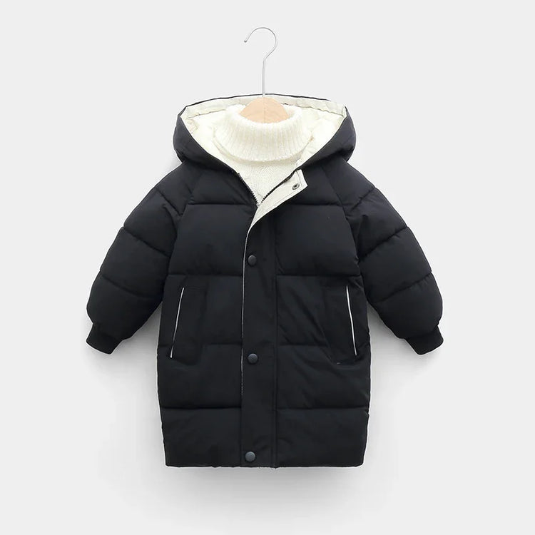Black puffer jacket with hood, thick quilted material, relaxed fit, and contrast white lining