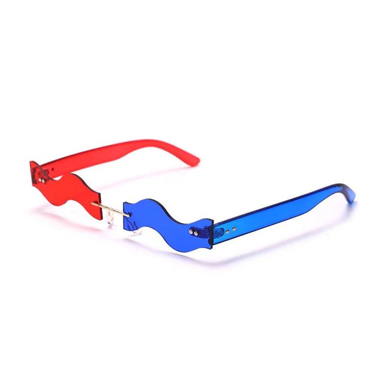 Futuristic streetwear sunglasses with wavy red and blue acrylic lenses, slim gold bridge