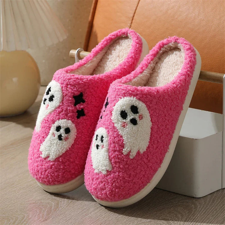 Pink fuzzy slippers with white ghost embroidery, cozy sherpa indoor footwear, closed toe