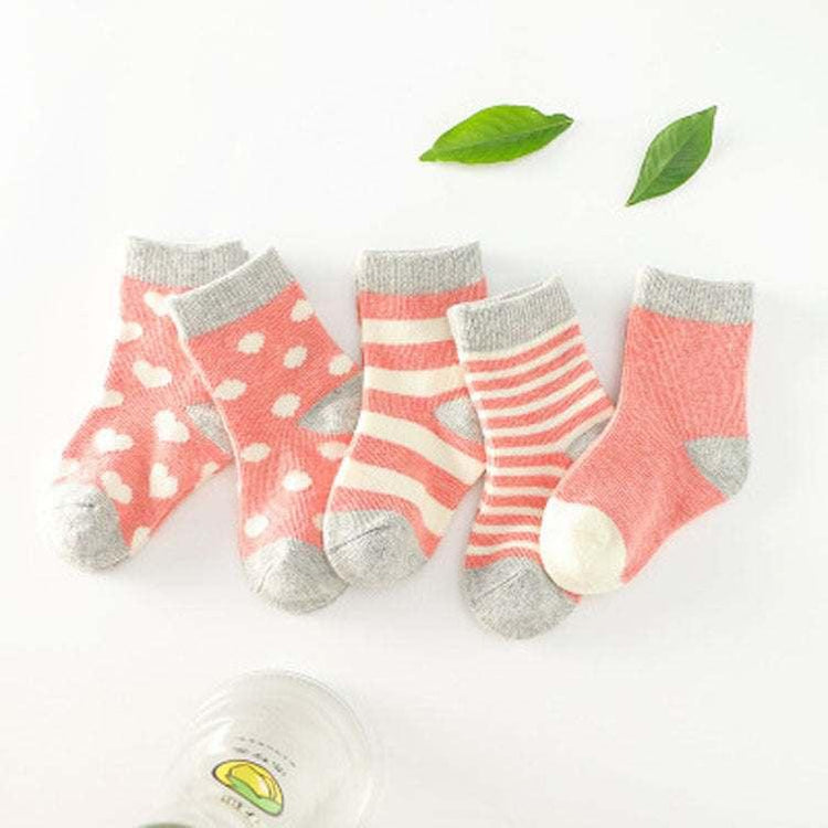 Set of pink and gray cotton toddler socks with heart and stripe patterns, crew fit