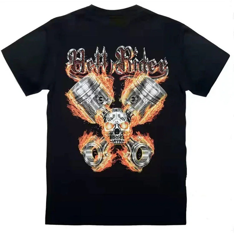 Black short-sleeve tee with flaming skull and engine piston graphic, bold streetwear fit.