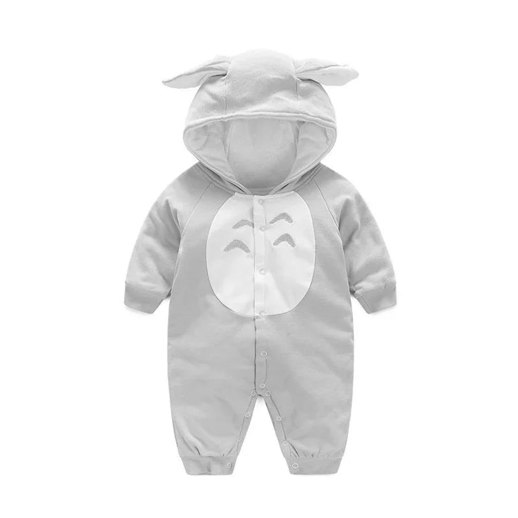 Light gray baby romper with hood, animal ear details, soft fabric, relaxed fit, cartoon pattern.
