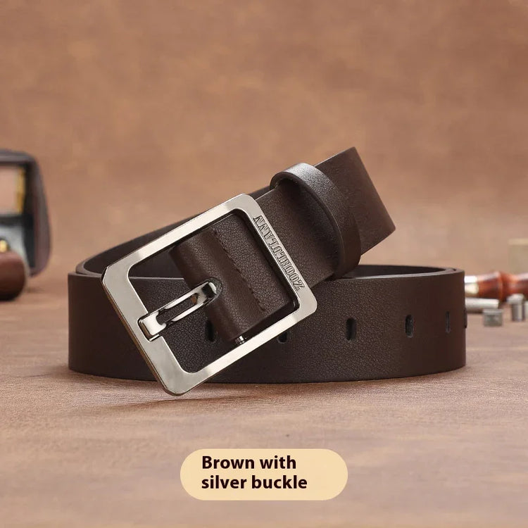 Brown leather belt with silver rectangular buckle, classic casual fit