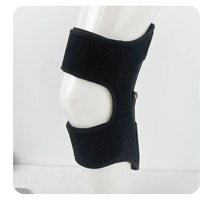 Black neoprene adjustable knee support wrap with open patella, snug athletic fit