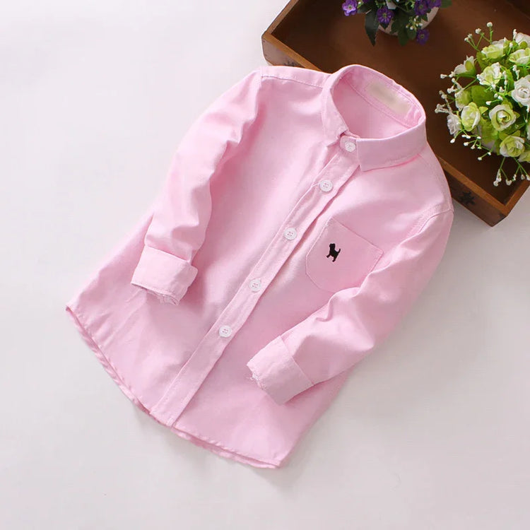 Pink cotton long sleeve button-up shirt with chest pocket and relaxed fit