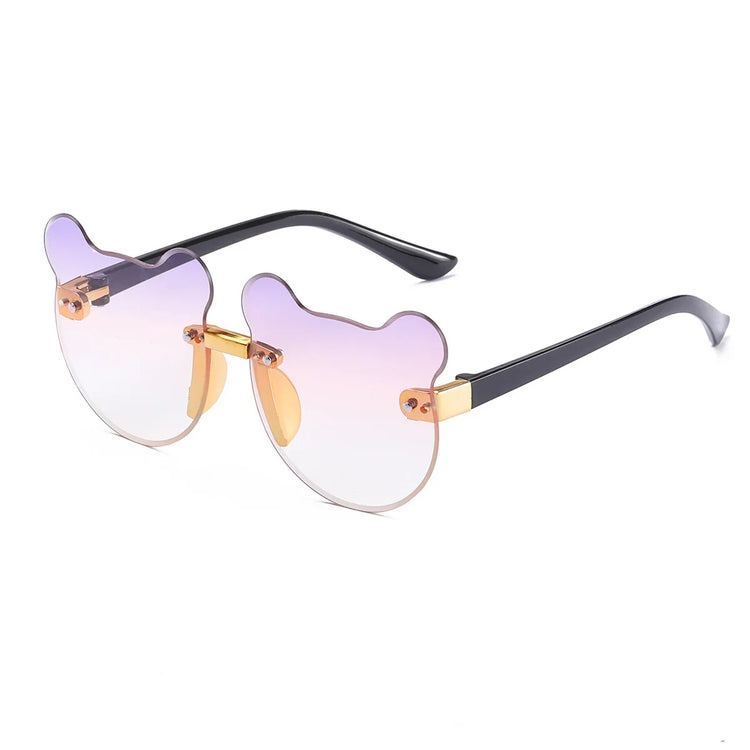 Gradient bear-shaped rimless sunglasses with black arms, whimsical streetwear accessory