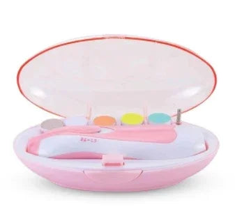 Pink and white compact nail care kit with colorful attachments in an oval case