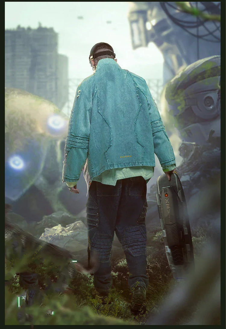 Man in oversized blue denim jacket and cargo jeans, futuristic streetwear style, outdoors