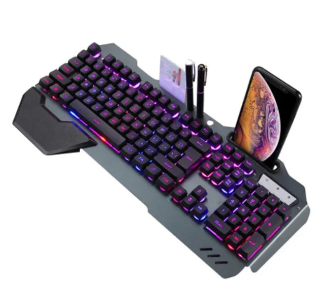 RGB mechanical keyboard with wrist rest, phone holder, and pen slots