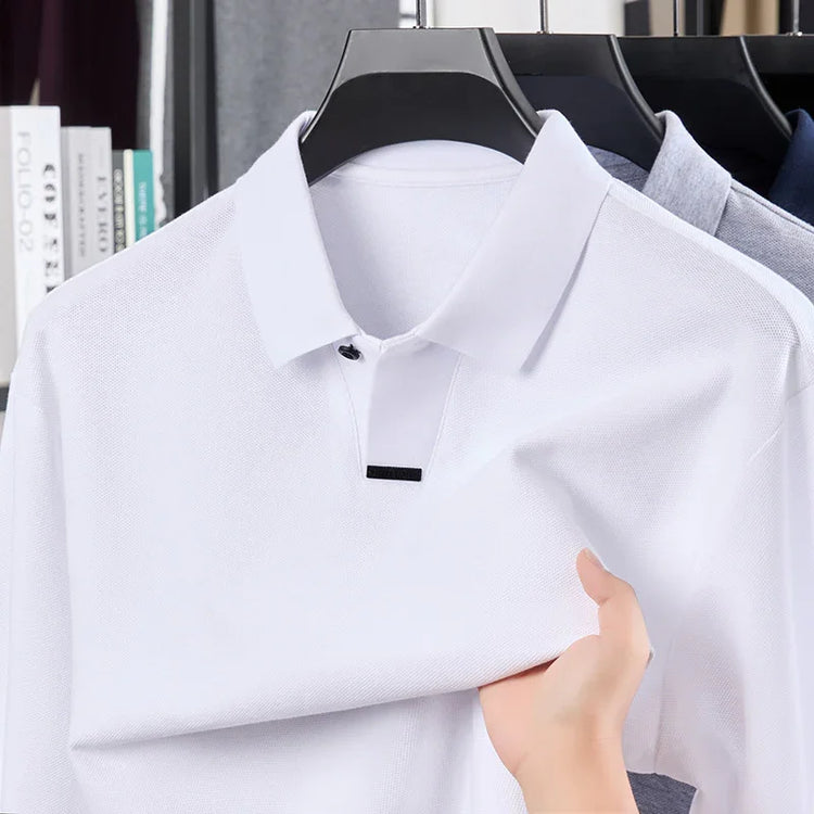 White short sleeve polo shirt, breathable textured fabric, regular fit, minimalist style