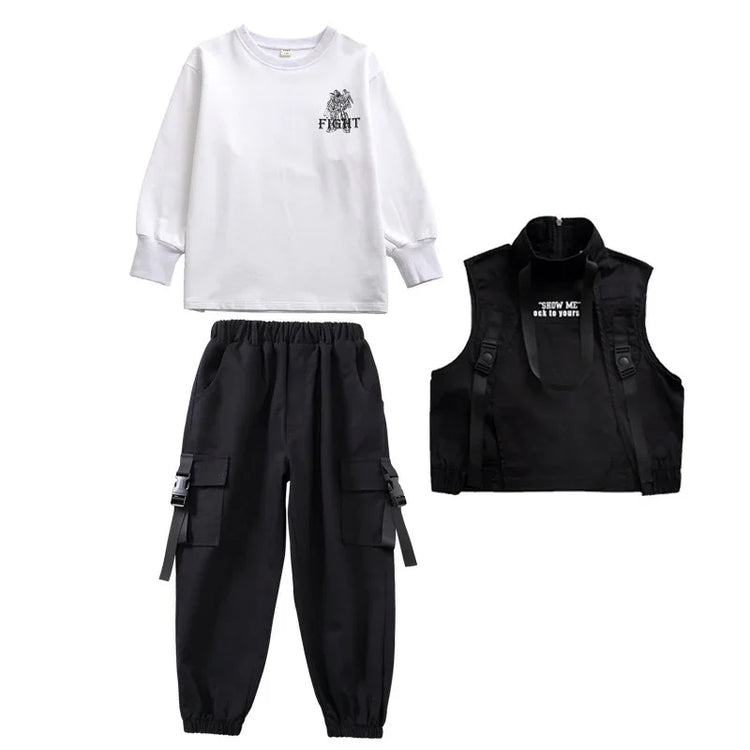 White long sleeve graphic shirt, black cargo jogger pants, and black utility vest streetwear set