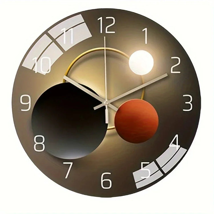 Modern wall clock with geometric planets design, black and gold tones, minimalist style