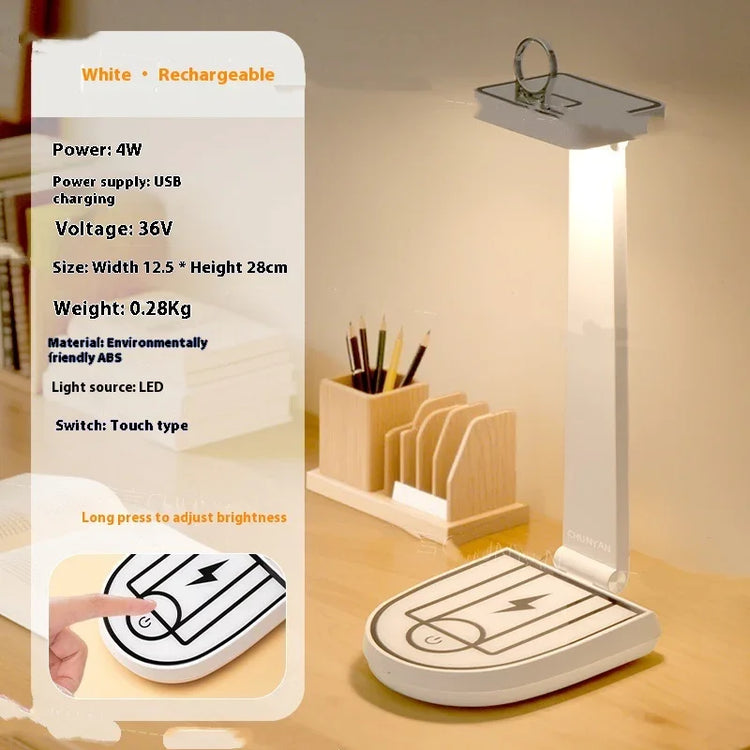 White rechargeable LED desk lamp with touch control, adjustable brightness, modern ABS design