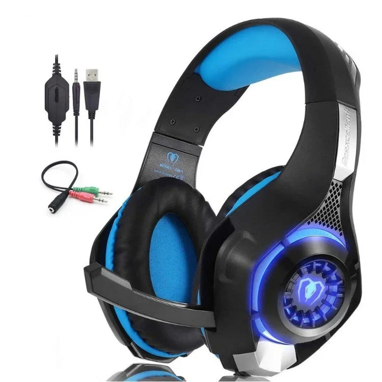 Black and blue over-ear gaming headset with LED lighting, cushioned ear pads, and included cables.