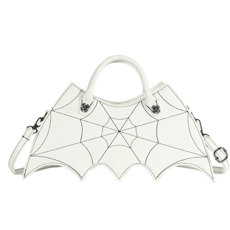 White faux leather handbag with spider web stitching and batwing edges, structured fit