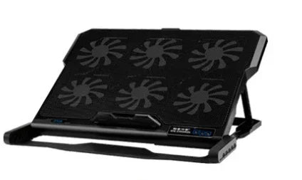 Black adjustable laptop cooling pad with six built-in cooling fans and mesh surface