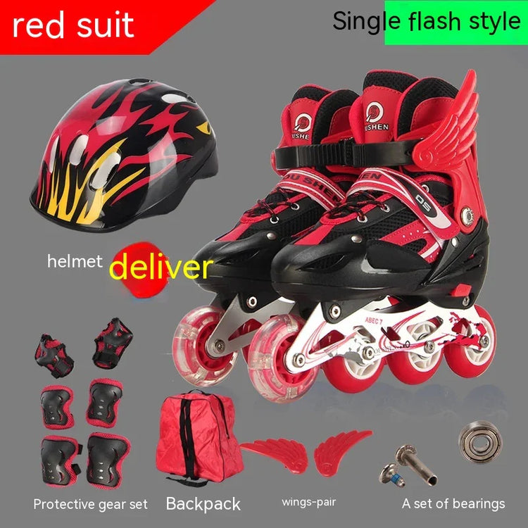 Red and black inline skates set with helmet, protective knee and elbow pads, matching backpack, and skate accessories. Futuristic streetwear-inspired sporty style.
