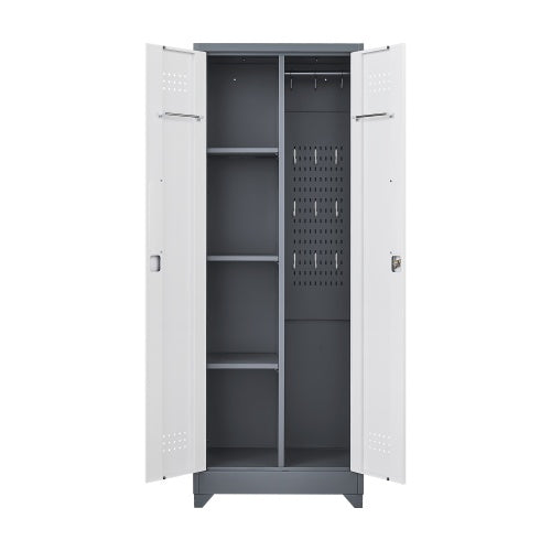 Gray And White Color Metal Lockers, Cleaning Tool Cabinets With Locking Doors, High Broom Tool Storage Cabinets, Adjustable Shelves, Large Cabinets For Kitchens, Offices, Shops.65 Inches