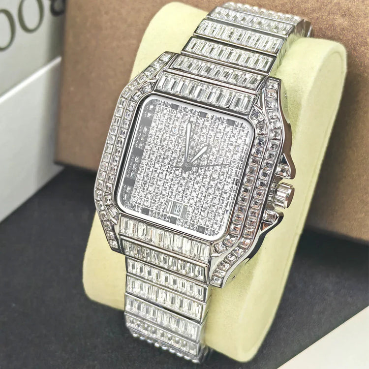 Silver square-face watch with full crystal embellishments and metal link band