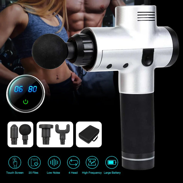 Black and silver massage gun with digital display and four interchangeable heads