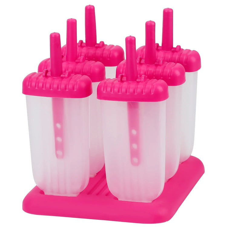 Set of six pink and clear plastic popsicle molds with matching tray, kitchen accessory