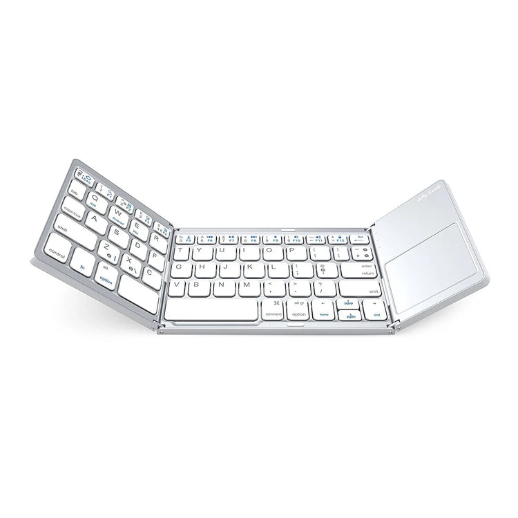 White folding wireless keyboard with built-in touchpad, compact and portable design