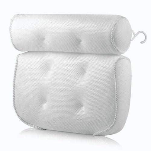 White mesh bath pillow with contoured shape, ergonomic design, and hanging hook