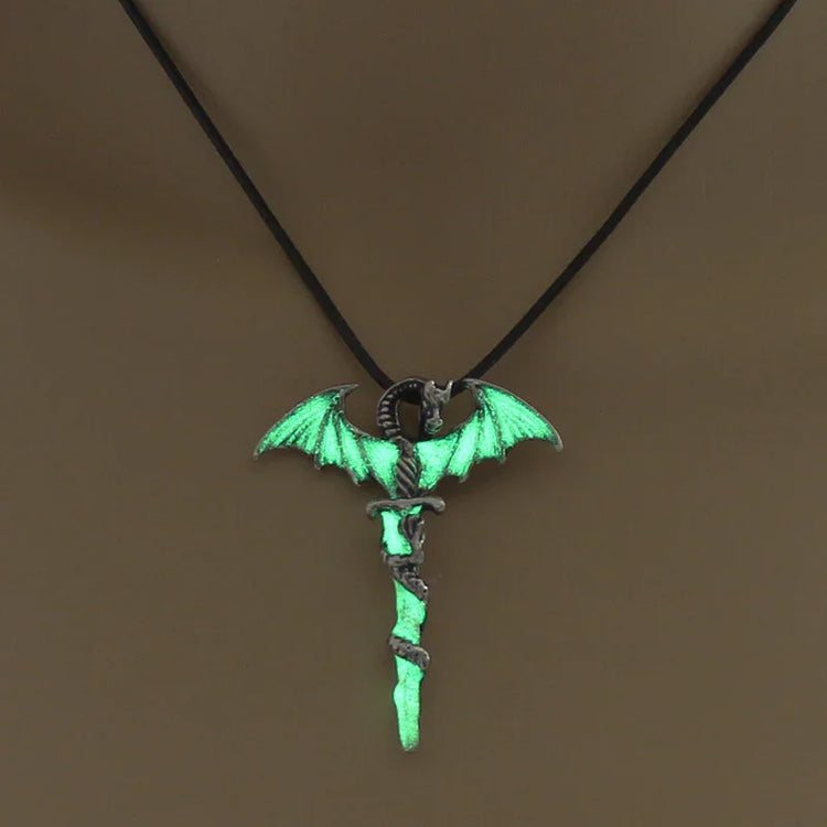 Glow in the dark dragon sword pendant necklace on black cord, gothic streetwear accessory