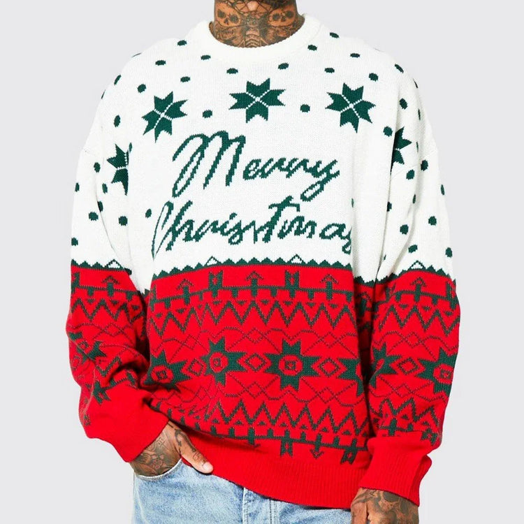 Red and white knit Christmas sweater with green snowflake patterns, relaxed fit, crew neck.