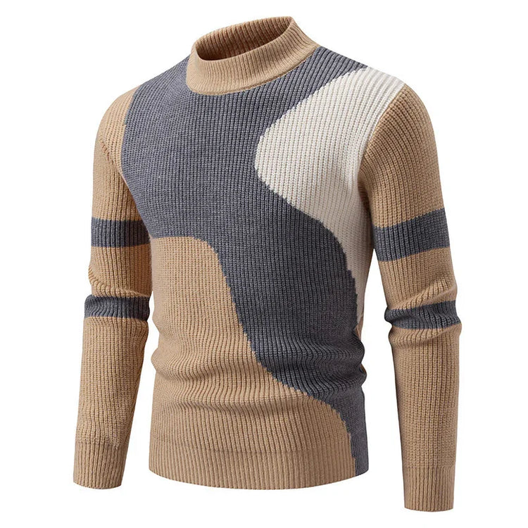 Colorblock knit sweater with beige, gray, and white pattern, slim fit, ribbed texture