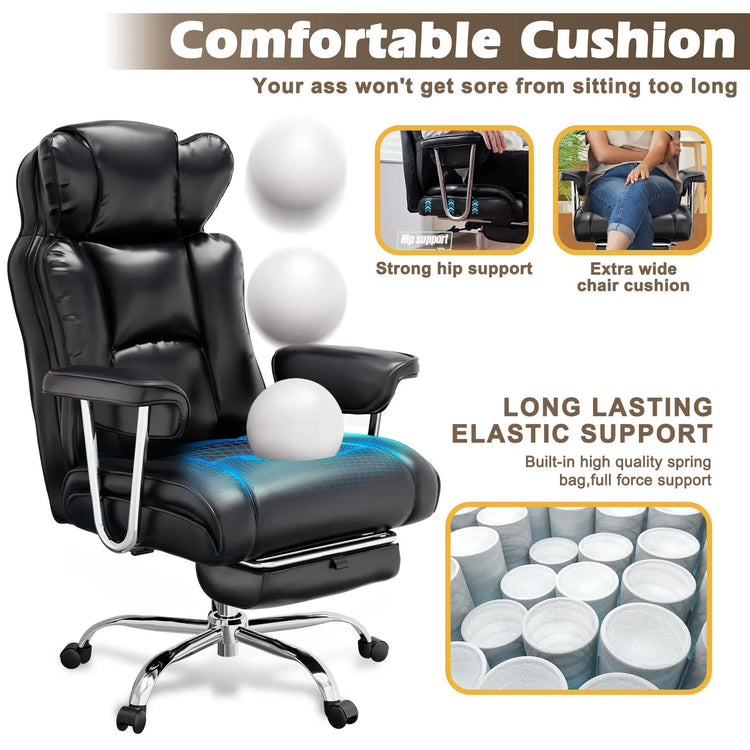 Black ergonomic office chair with padded leather upholstery, strong hip support, and wide cushion