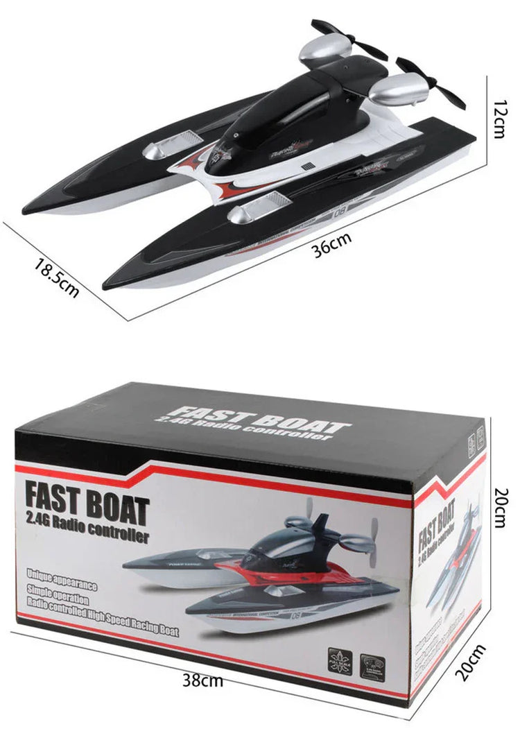 Black and white remote control racing boat with dual propellers, shown with box and dimensions.