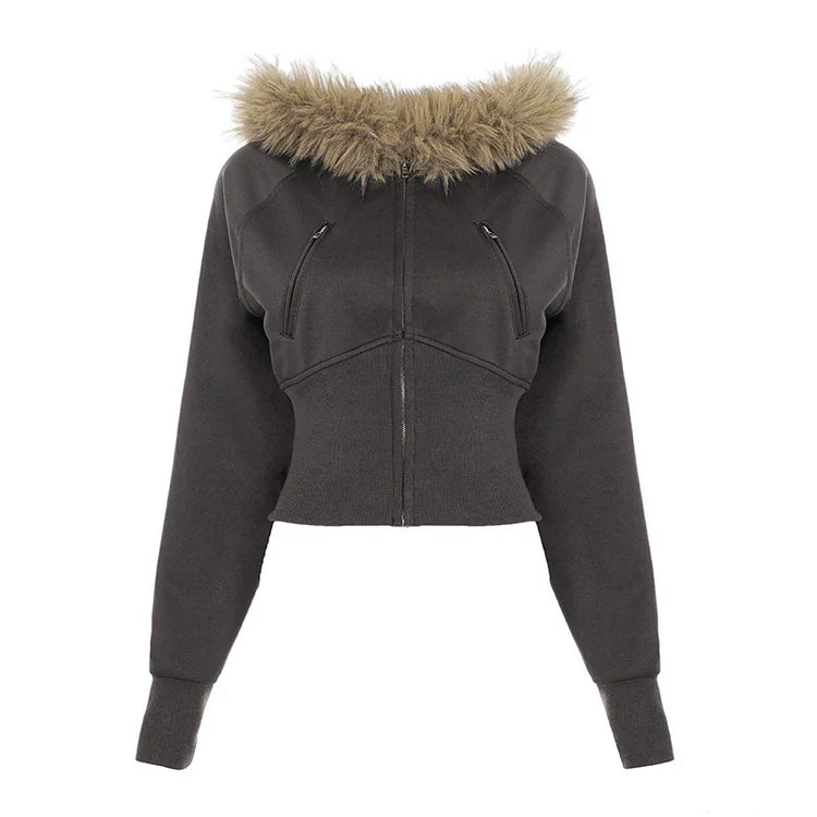Cropped dark gray zip-up jacket with long sleeves and faux fur collar, fitted style