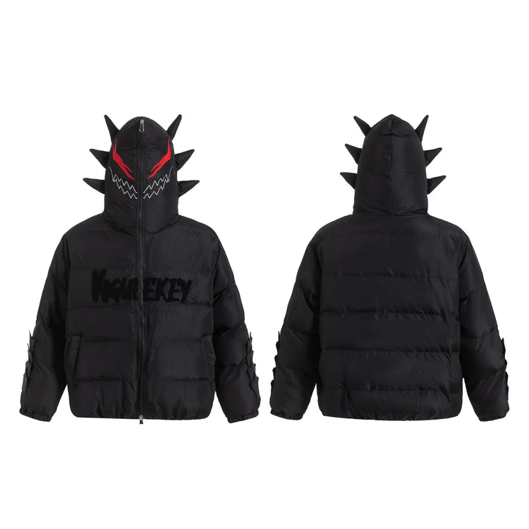 Black puffer jacket with spikes, full hood, red and white face graphic, relaxed fit