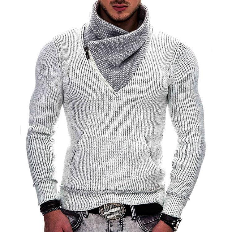 Men’s light grey ribbed knit sweater with cowl neck, slim fit, kangaroo pocket, and textured fabric.