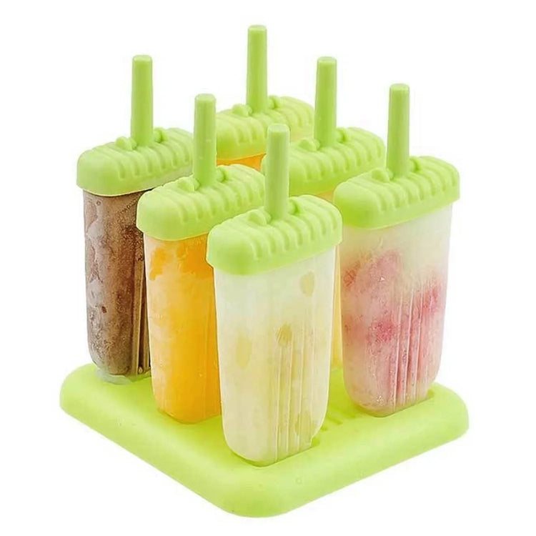 Colorful homemade popsicles in translucent molds with green lids and handles