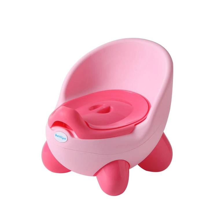 Pink plastic potty chair with rounded backrest and ergonomic seat design