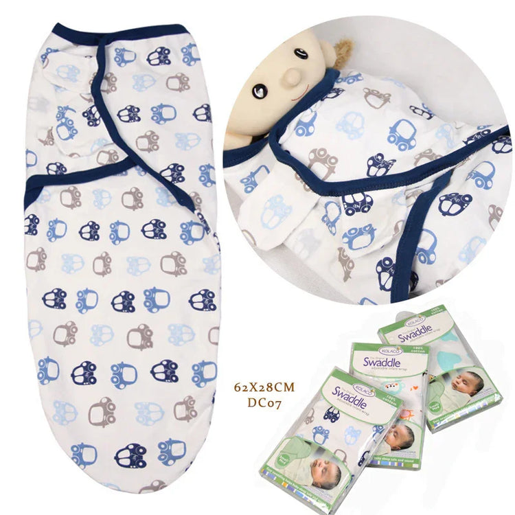 White baby swaddle blanket with blue, grey, and navy cartoon car print, cotton material, snug fit.