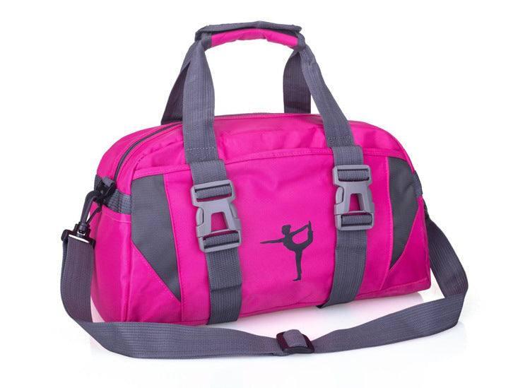 Pink and gray nylon duffel bag with adjustable straps and yoga silhouette print