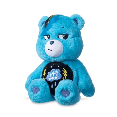 Rock-a-Lot Grumpy Bear 14" blue plush toy with musical belly badge and lightning paw prints