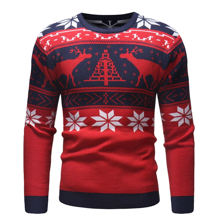 Red and navy long sleeve Christmas sweater with reindeer and snowflake pattern, regular fit.