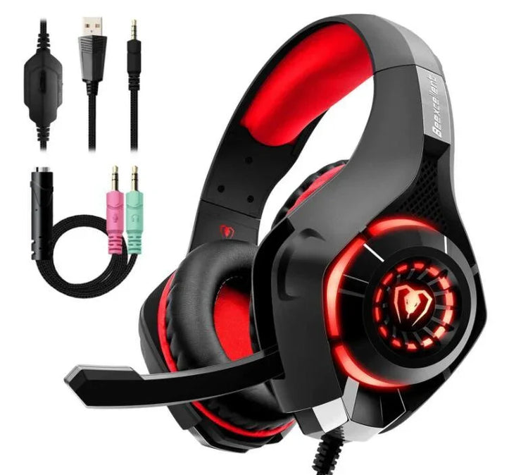 Black and red over-ear gaming headset with padded ear cups, LED lighting, and detachable cables