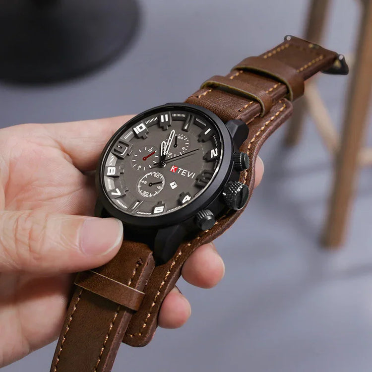 Men’s watch with black dial, bold numerals, brown leather band, and oversized fit