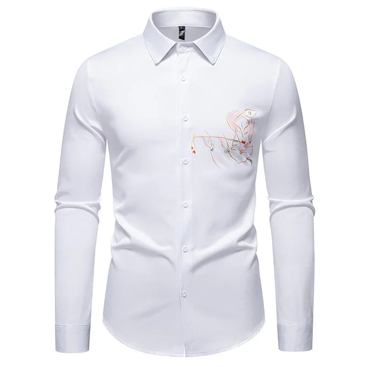 White slim-fit long sleeve shirt with abstract line art embroidery on chest, cotton blend