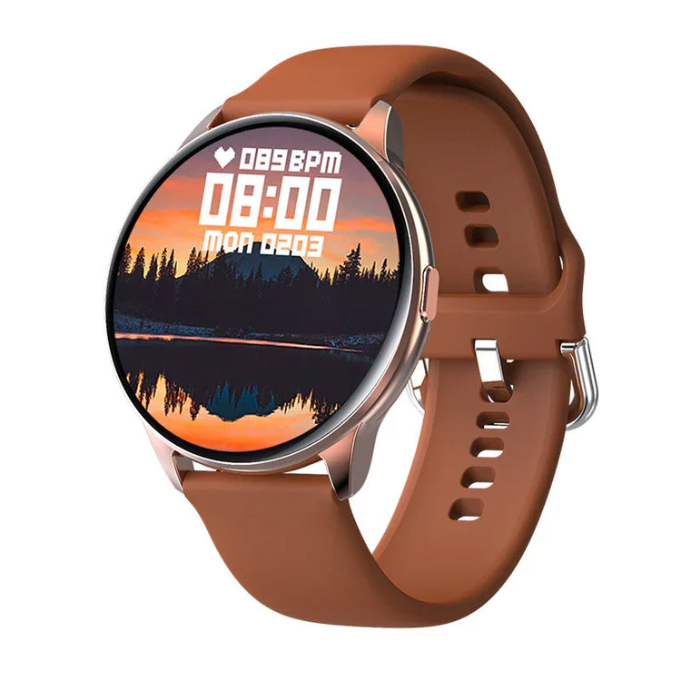 Round smart watch with brown silicone band, large display, and digital time on screen